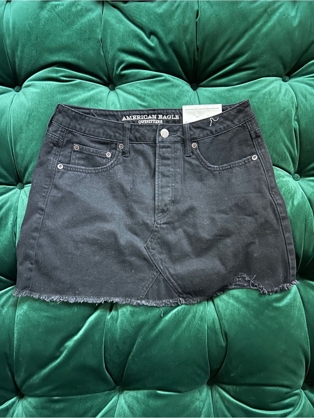 Black Raw-Hem Denim Mini Skirt